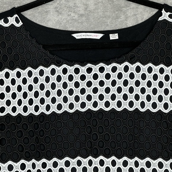 Isaac Mizrahi 2X Shirt Top Black White Striped Short Sleeve Scoop Neck Stretch - Picture 3 of 7